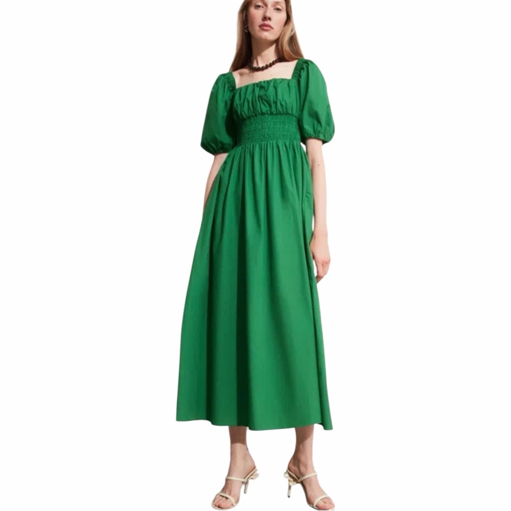 NWT & Other Stories Smocked Puff Sleeve Midi Dress in Green Size 4
